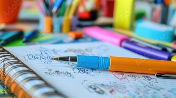 Fototapeta Creative Workspace: Close-Up of Pen Doodling on Notebook Page Surrounded by Stationery Supplies and Sticky Notes