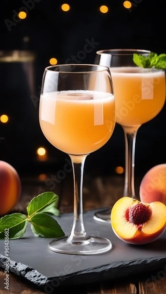 Fototapeta refreshing sparkling peach bellini garnished with peach slices