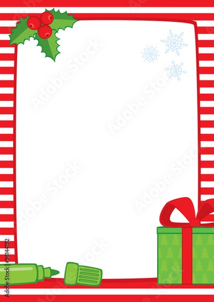 Fototapeta Vector Christmas illustration of a red and white striped frame with holly berries, green felt-tip pen and green gift box. Place for text on a white background. Format A3/A4, simple composition.