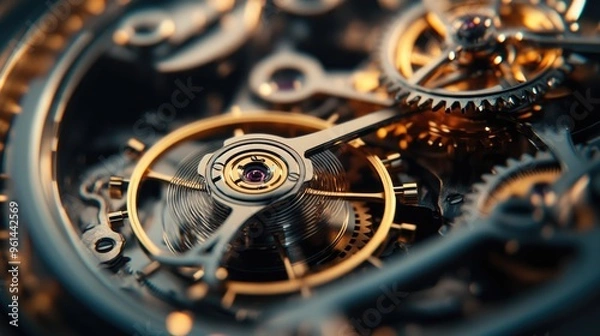 Fototapeta Close-up of a complex mechanical watch movement showcasing intricate gears and craftsmanship.