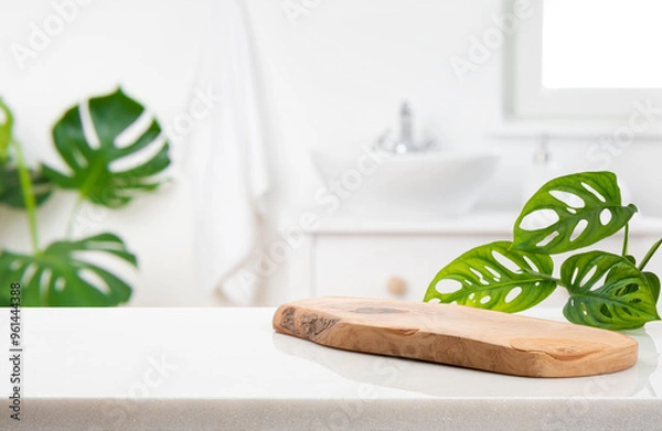 Fototapeta Wooden podium on table on blur bathroom background for bathing and spa product display