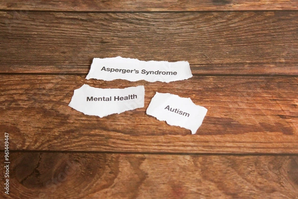 Fototapeta Mental health disorders on strips of paper on wooden table. 