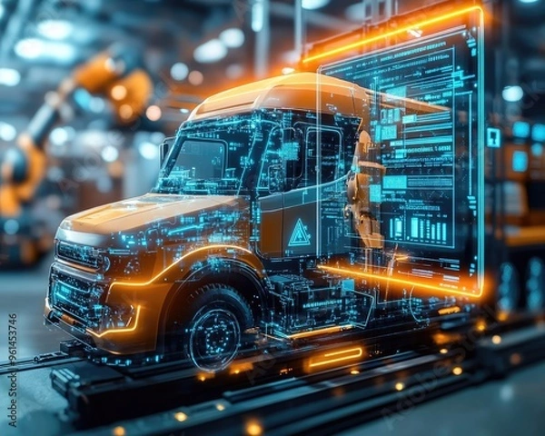 Fototapeta Futuristic truck design featuring advanced technology and digital interfaces in a modern manufacturing environment.