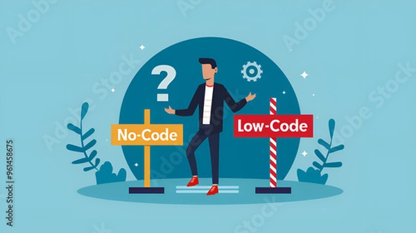 Obraz business person choosing between two paths labeled "Low-Code" and "No-Code"