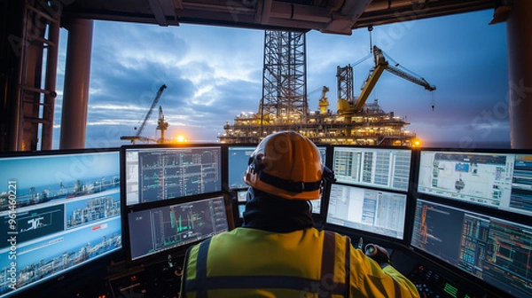 Fototapeta A worker monitors operations on an offshore oil rig, surrounded by advanced technology at sunset, highlighting industry precision.