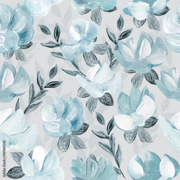 Fototapeta Seamless pattern of abstract painting flowers, original hand drawn, impressionism style, color texture, brush strokes of paint,  art background.