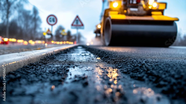 Fototapeta A detailed shot of asphalt being smoothed over a roadway by a heavy roller machine, with road construction signs visible in the background.