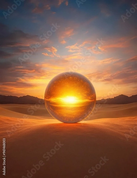 Fototapeta Glowing orb in a mystical desert at twilight, symbolizing ancient magic, desert glowtime, mysterious and evocative.