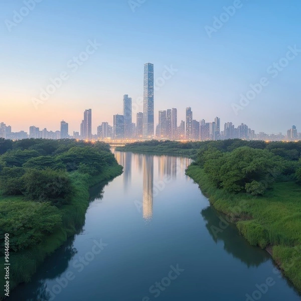 Fototapeta A serene urban landscape at dawn, featuring a shimmering river reflecting towering skyscrapers amidst lush greenery.
