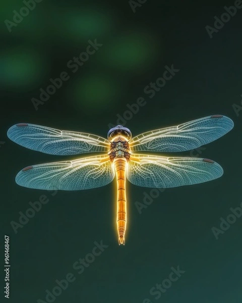 Fototapeta A glowing dragonfly hovering over a still pond, nature's glowtime, delicate and beautiful.