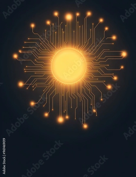 Fototapeta A vibrant sun graphic with circuitry, symbolizing energy, technology, and innovation in a digital world.