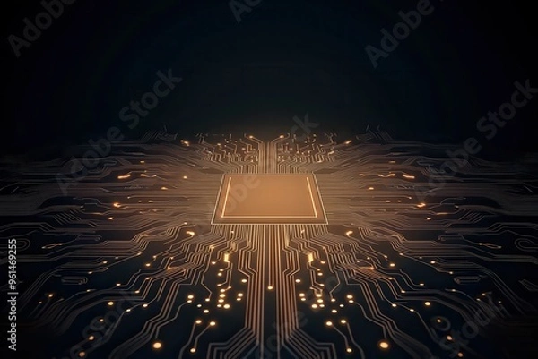 Fototapeta Abstract view of a microchip with glowing circuits, representing technology and innovation in a dark background.