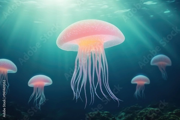 Fototapeta Glowing bioluminescent sea creatures in a deep ocean scene, marine glowtime, mysterious and awe-inspiring.
