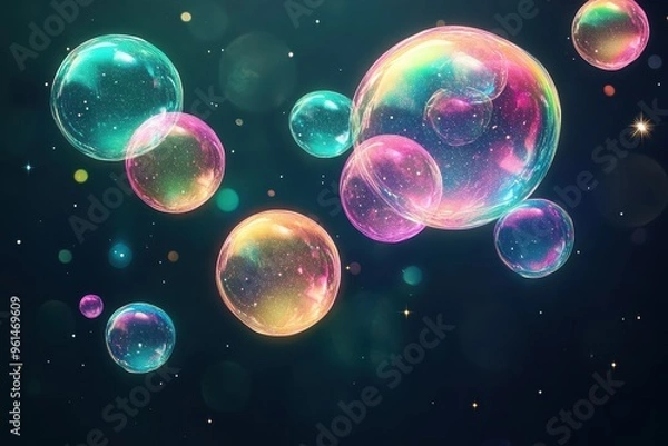 Fototapeta Glowing rainbow-colored bubbles floating in a dark space, playful glowtime, joyful and whimsical.