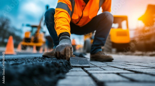 Fototapeta Close-up of a construction worker positioning bricks for a new road, with construction machinery and signs visible behind.