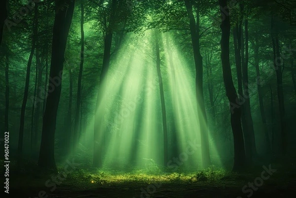 Fototapeta Majestic beams of light pierce through a lush green forest, creating a serene and enchanting atmosphere for nature lovers.
