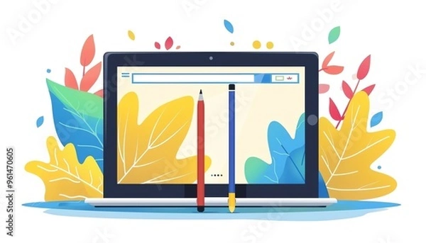 Obraz Tablet with stylus, creative drawing, flat design illustration