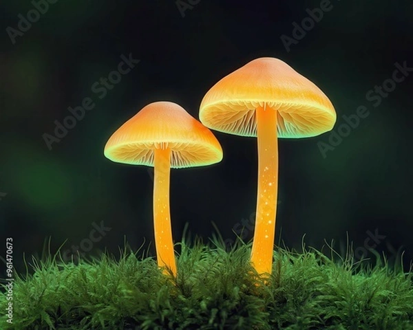 Fototapeta Vibrant mushrooms glow in a lush green environment, creating a magical forest atmosphere perfect for nature lovers.