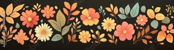 Fototapeta Vibrant floral design featuring various flowers and leaves in warm colors on a dark background. Perfect for nature themes.