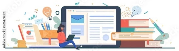Fototapeta Tablet used for online learning, student studying, flat design illustration