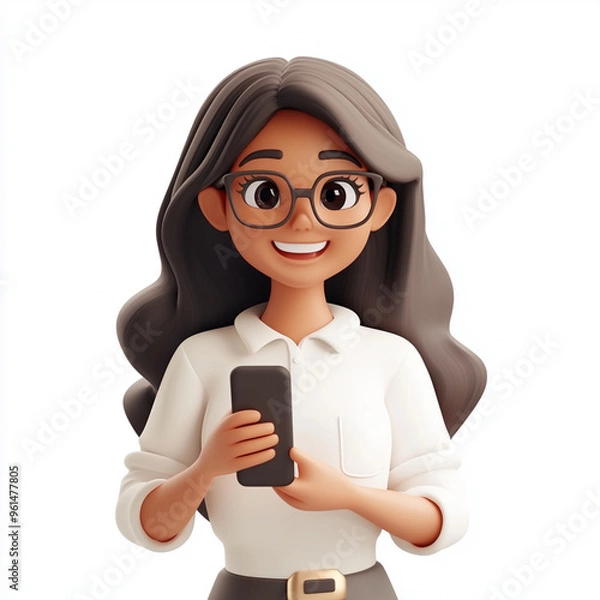 Obraz Smiling Woman Holding Phone in 3D Style on White Background