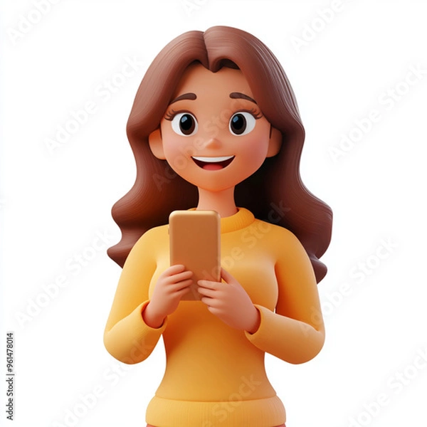 Obraz Smiling Woman Holding Phone in 3D Style on White Background