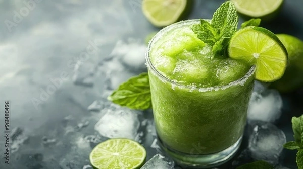 Fototapeta A refreshing green slush drink with mint leaves and a lime wedge, served in a frosty glass.