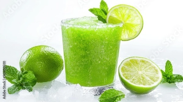 Fototapeta A refreshing green slush drink with mint leaves and a lime wedge, served in a frosty glass.