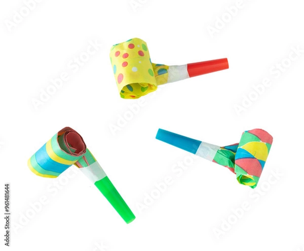 Fototapeta three party blowers in different colors.