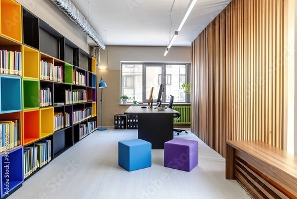 Fototapeta A small modern office room with wooden desk, colorful bean bag chairs and bookshelves in the background.