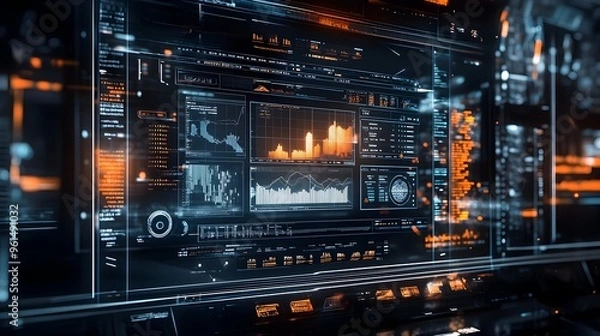 Obraz A holographic display of a futuristic investment dashboard showcasing a comprehensive view of financial metrics data analytics and market intelligence for strategic decision making