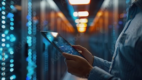 Obraz Technician in Server Room Using a Tablet