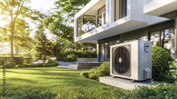 Obraz Air conditioner on outdoor side wall on modern house. AI generated image