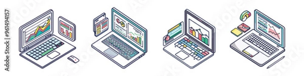 Fototapeta Four isometric laptops with business charts and graphs on screen. Data analysis, business strategy and financial management concept.