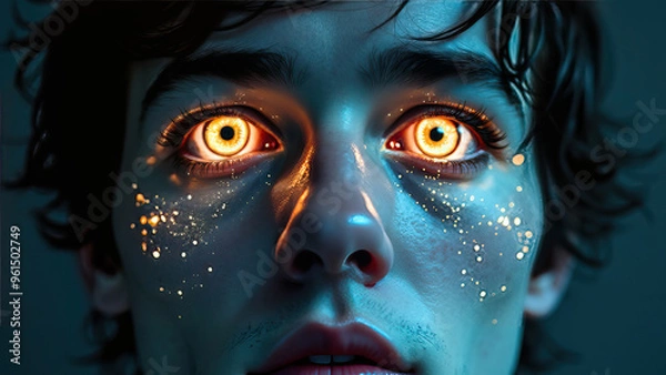 Fototapeta Close-up of young artificial being man with glowing eyes futuristic