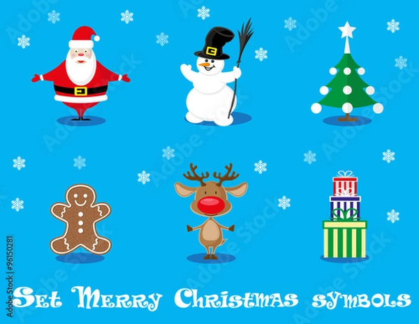 Fototapeta Vector set design elements funny Santa Claus, snowman, deer, gingerbread man, christmas tree, gift  isolated on blue background