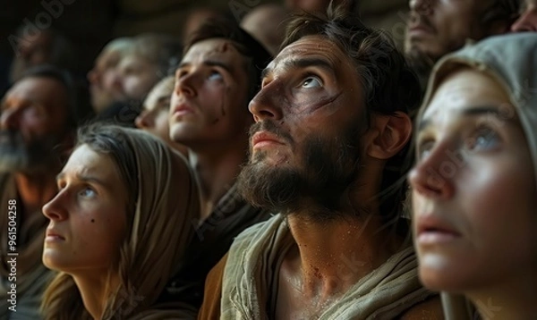 Obraz A crowd of people, faces turned upward in awe and wonder, gaze at a figure bathed in golden light.