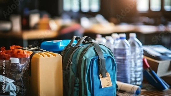 Fototapeta A well-organized emergency preparedness kit with essentials like a backpack, water bottles, and other supplies, symbolizing preparedness, safety, and self-reliance.
