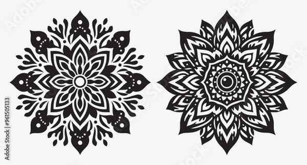 Obraz Elegant Floral Mandala Pattern Silhouettes Collection of Abstract Floral Ornaments