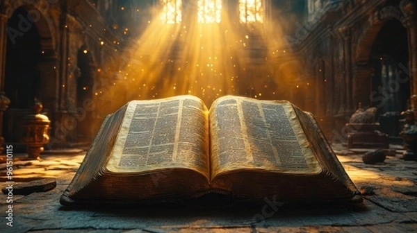 Fototapeta dramatic bible scene open book of samuel golden light streaming from pages epic cinematic atmosphere divine revelation