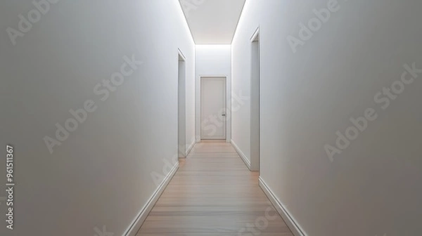 Fototapeta A straight, narrow hallway with smooth, white walls and a single door at the end