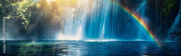 Fototapeta Waterfall crashing into churning view of a waterfall in the forest with rainbow in the background
