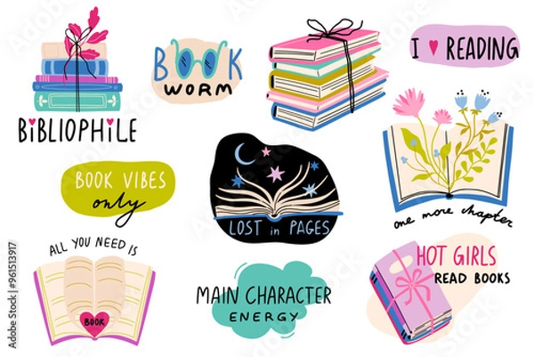 Fototapeta Vector set about books and reading. Book lover stickers. Cute hand drawn flat elements. Collection of inspirational illustrations with handwritten text. Quotes about literature