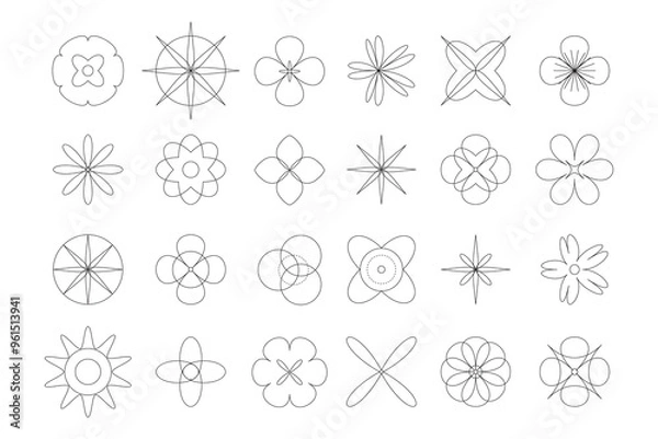 Fototapeta Brutal contemporary outline flowers. Set floral figures in y2k style, retro futuristic. Abstract graphic geometric elements. Linear icons in 2000s style. Primitive contemporary vector collection