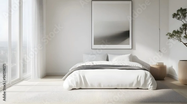 Fototapeta A minimalist bedroom with a clean, white bed and a single piece of art on the wall