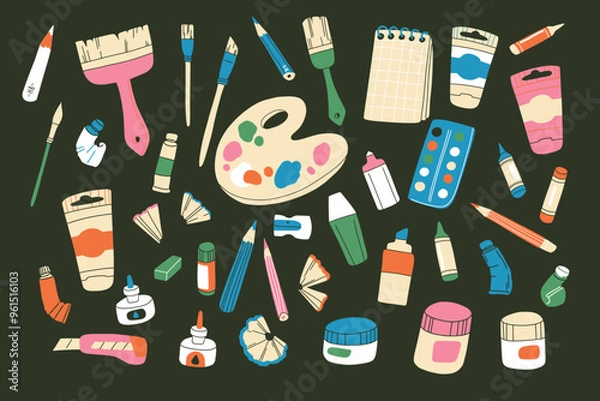 Fototapeta Hand drawn art supplies set: paint tubes, brushes, pencils, watercolor, palette, crayons. Drawing and painting tools. Flat collection of isolated vector elements on black. Art classes and workshops