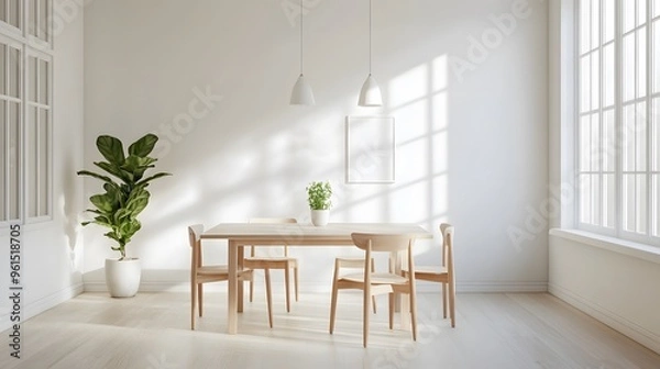 Fototapeta A minimalist dining area with clean lines, simple chairs, and a plain table