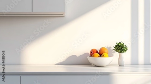 Fototapeta A minimalist kitchen with a clean, white countertop and a single fruit bowl