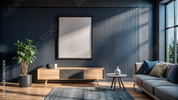 Fototapeta Minimalist blank frame on pure wall indoor room, Bright room with blank picture frame.