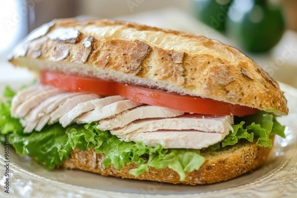 Obraz A freshly made turkey sandwich with lettuce, tomato, and mayonnaise, served on a crusty baguette